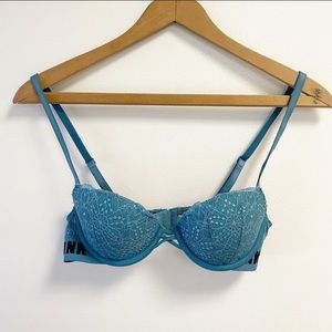 PINK Bra Victoria’s Secret Push Up 32 B Sexy Blue Cross Lace Date Plunge